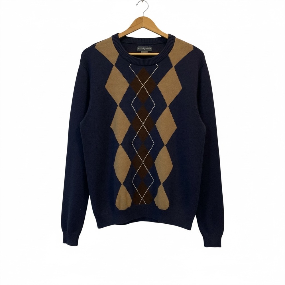 Saddlebred Men's size Large Crewneck Cotton knit Sweater - Navy and Tan Argyle